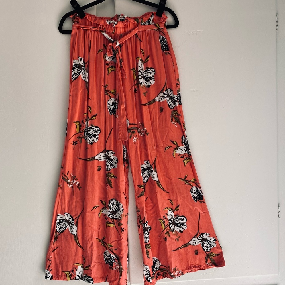 New Look Coral Wide-Leg Floral Paper Bag Tie-Waist Pants Resort Cruise Beachy M